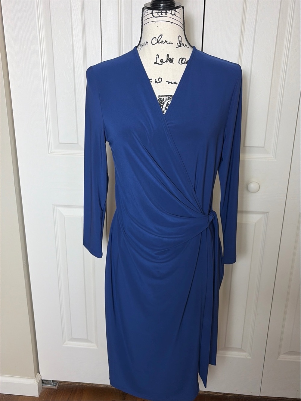 Anne Klein Blue Faux Wrap Dress 3/4 Sleeve V-Neck Size Med NWTS Business/Party